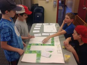 Students play a board game entitled "Money" at the Fifth Grade Math Carnival.