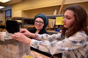 Judaic Studies teacher Zahava Bensimon works with a student in the Design Lab.