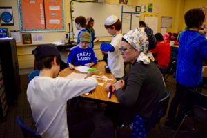 Students utilize their math skills to construct sevivonim (dreidels) from paper cutouts.