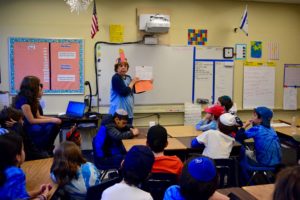 Hebrew teacher Gila Efrati introduces a Chanukah activity.