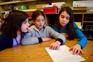 Fourth Grade students work together on their class project about political asylum seekers.