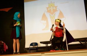 Sixth graders perform a Purim shpiel.