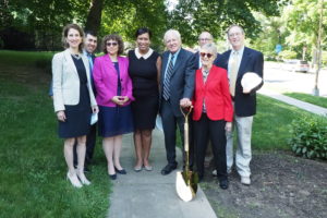 From left to right: outgoing Board President Kinney Zalesne, incoming Board President Steven Laufer, Head of School Naomi Reem, DC Mayor Muriel Bowser, Ambassador Alfred Moses, and Bill, Ruth, and Bob Gottesman.