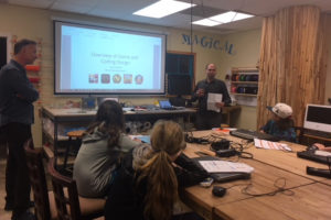 Sixth graders hear a presentation on Game and Coding Design at Catylator Makerspace.