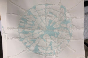 Closeup of a web-like drawing created using salt, water, and paint.