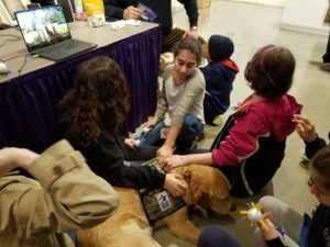 Sixth graders pet a therapy dog.