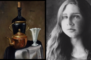 A still life depicting bottles and glassware on a cloth-covered table, and a self portrait, both by Maia Hoffenberg ('15)