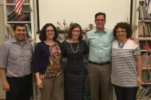 From left to right, outgoing Board President Steve Laufer, Vice President Emily Appelbaum, alumna Micaela Wilkes-Klein ('01), co-chair of the Ru'ach Campaign Adam Perlman, and Head of School Naomi Reem.