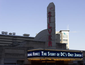 The marquee at the AFI Silver Theater reads, "Coming Home: The Story of DC's Only Jewish Day School."